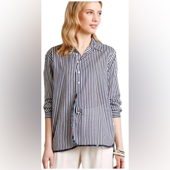 Anthropologie HOLDING HORSES Navy & White Stripe/Floral Button Down Top - Picture 2 of 11